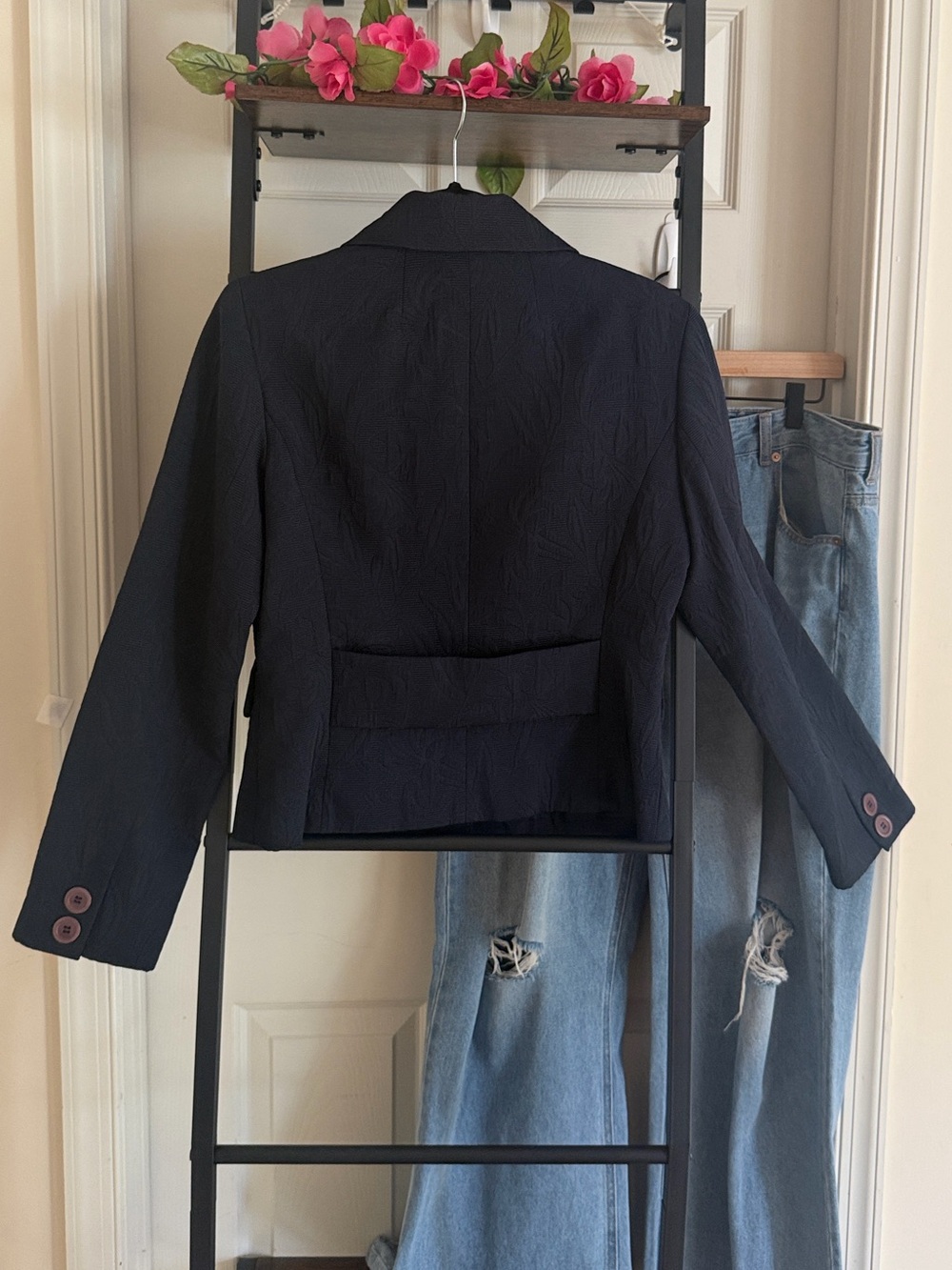 Talbots Navy Blue Cropped Structured Blazer with Burgundy Buttons - Picture 4 of 16